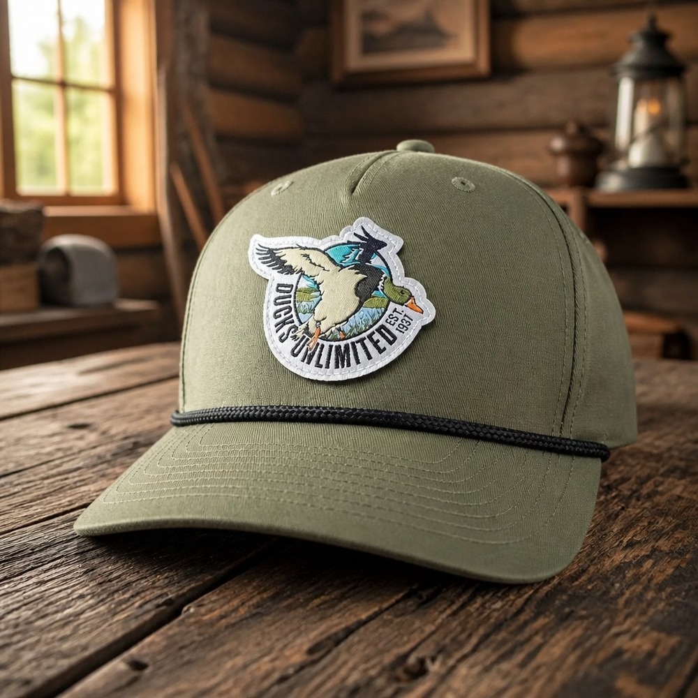 Ducks Unlimited Olive Green Trucker Hat Snapback Rope Accent Flying Duck Patch